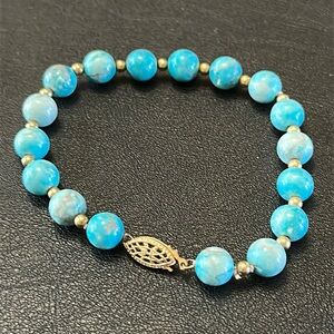 Blue Round Glass Gold-tone Spacers Box Clasp Vintage Bracelet